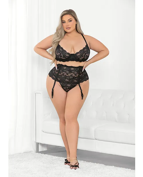 Escante Anal Floral Lace Bra High Waist Garterbelt Gstring Black